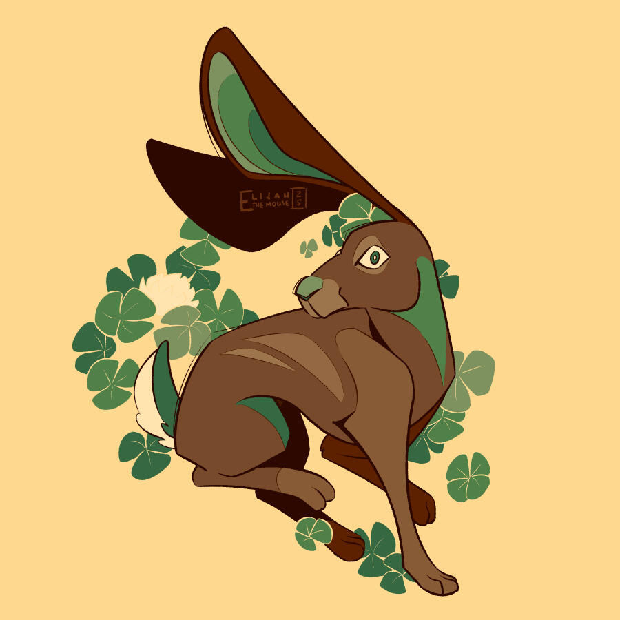An illustration of a brown hare with green accents, dashing forward while turning its head to look at the viewer. Several clovers are around it, including a single four-leaf clover.