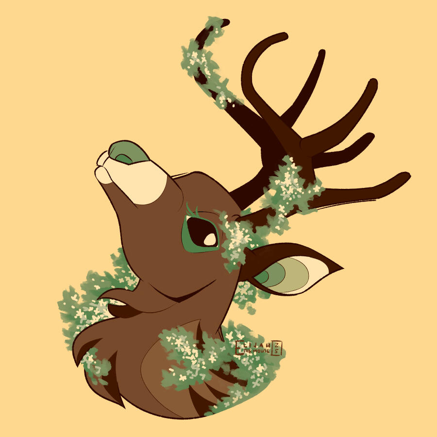 A portrait of a deer with green accents, surrounded by baby's breath flowers and greenery.