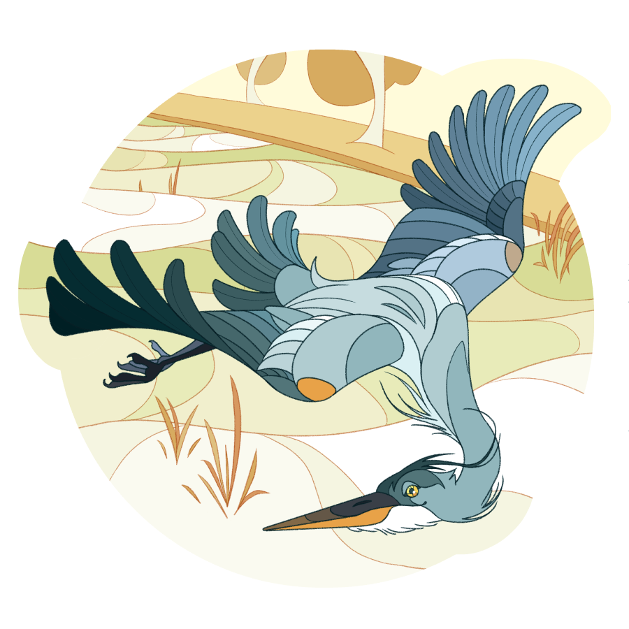 An illustration of a great blue heron flying over a green river. The style is reminiscent of stained glass windows and Japanese ukiyo-e prints.