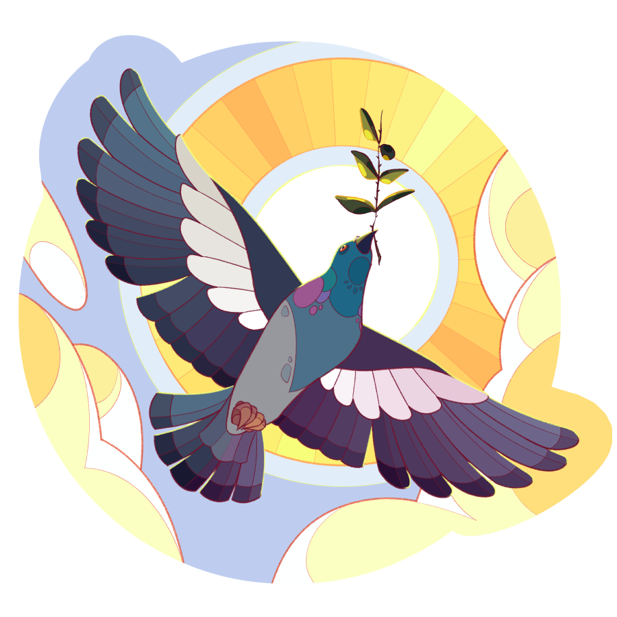 An illustration of a pigeon flying in front of the sun, holding an olive branch.