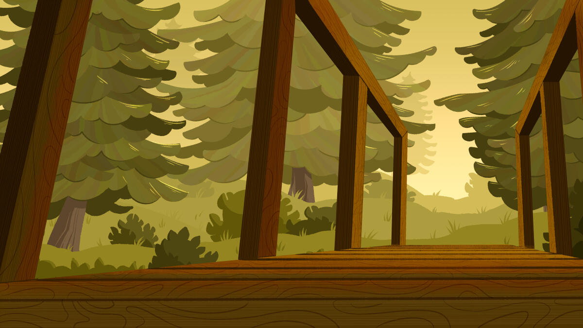 A digital illustration of a bridge leading into a forested area. The perspective is such that the viewer is low to the ground.