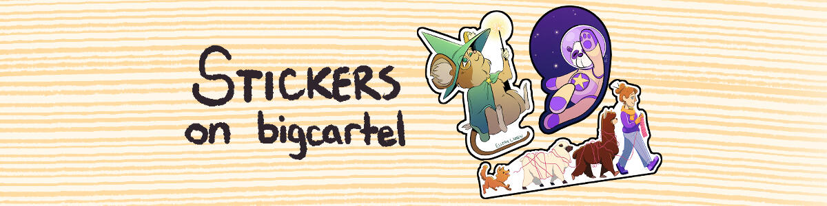 A banner button leading to Eli's Big Cartel shop, where he sells physical products such as stickers.